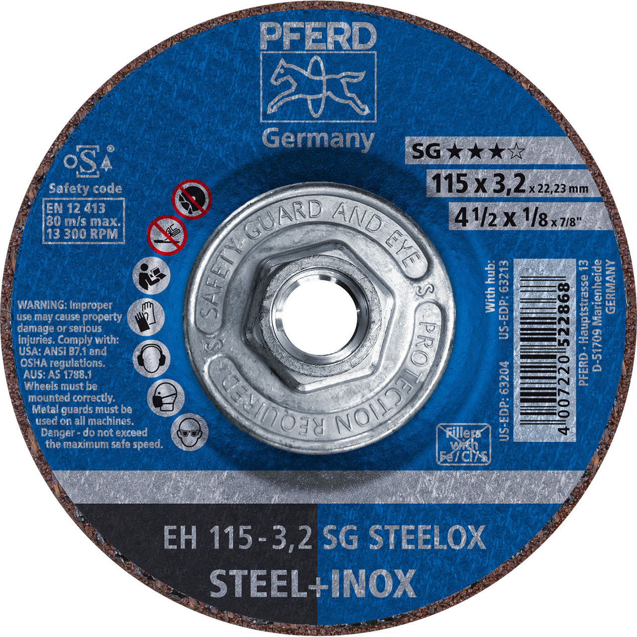 PFERD 63213 - 4-1/2" x 1/8" Cut-Off Wheel 5/8-11 A 46 R SG-INOX Type 27